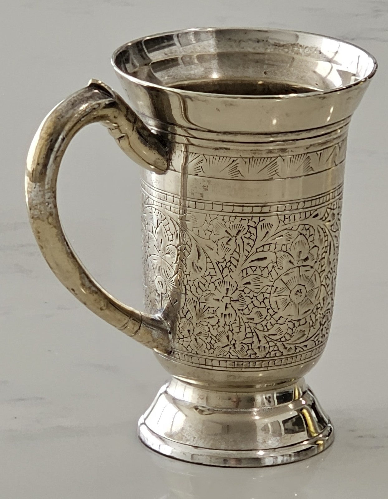 Antique Etched Silver Plated Mug with Ornate Floral Design