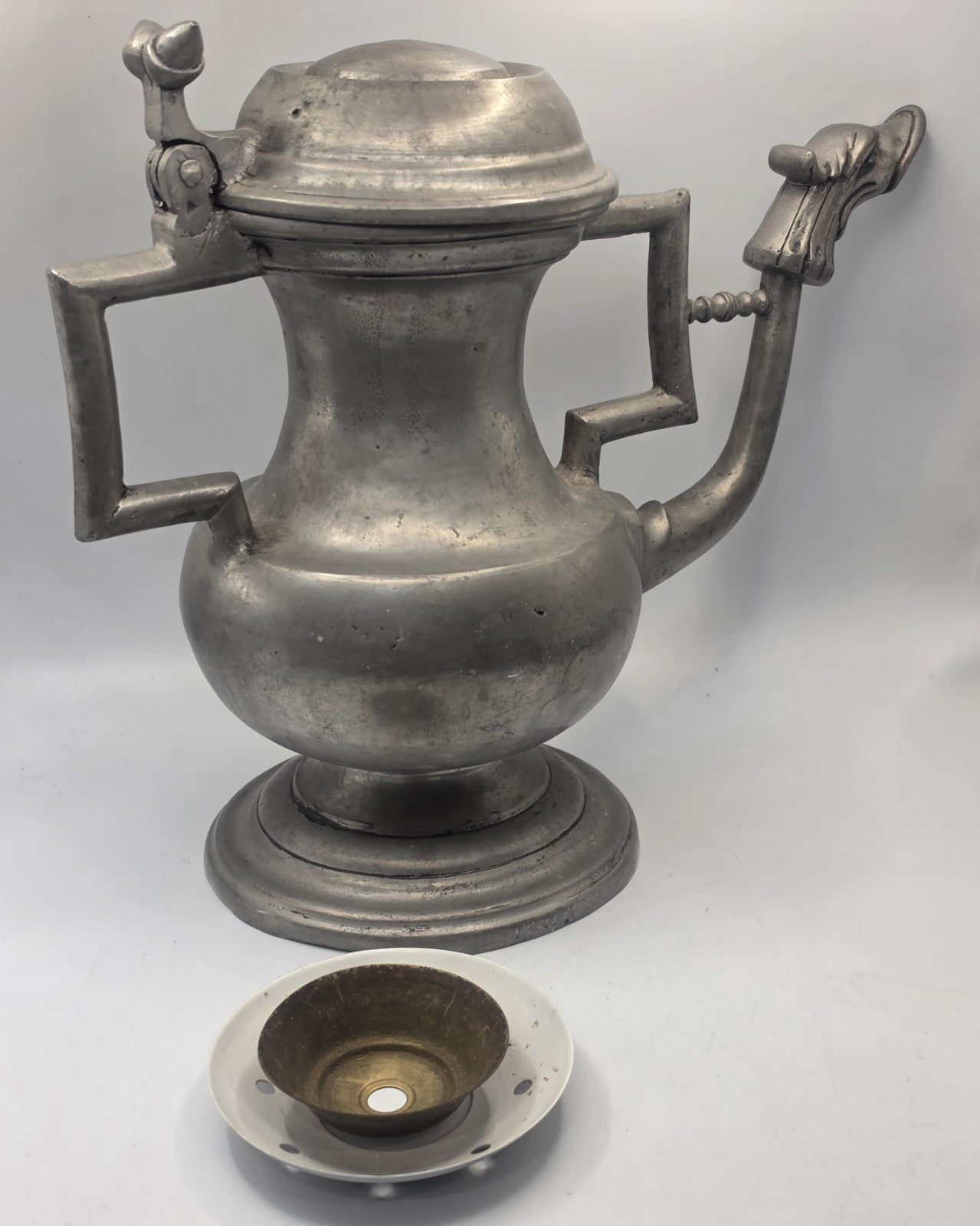 Antique Spanish Pewter Coffee Pot Pitcher Pedraza Segovia España Hinged Lid