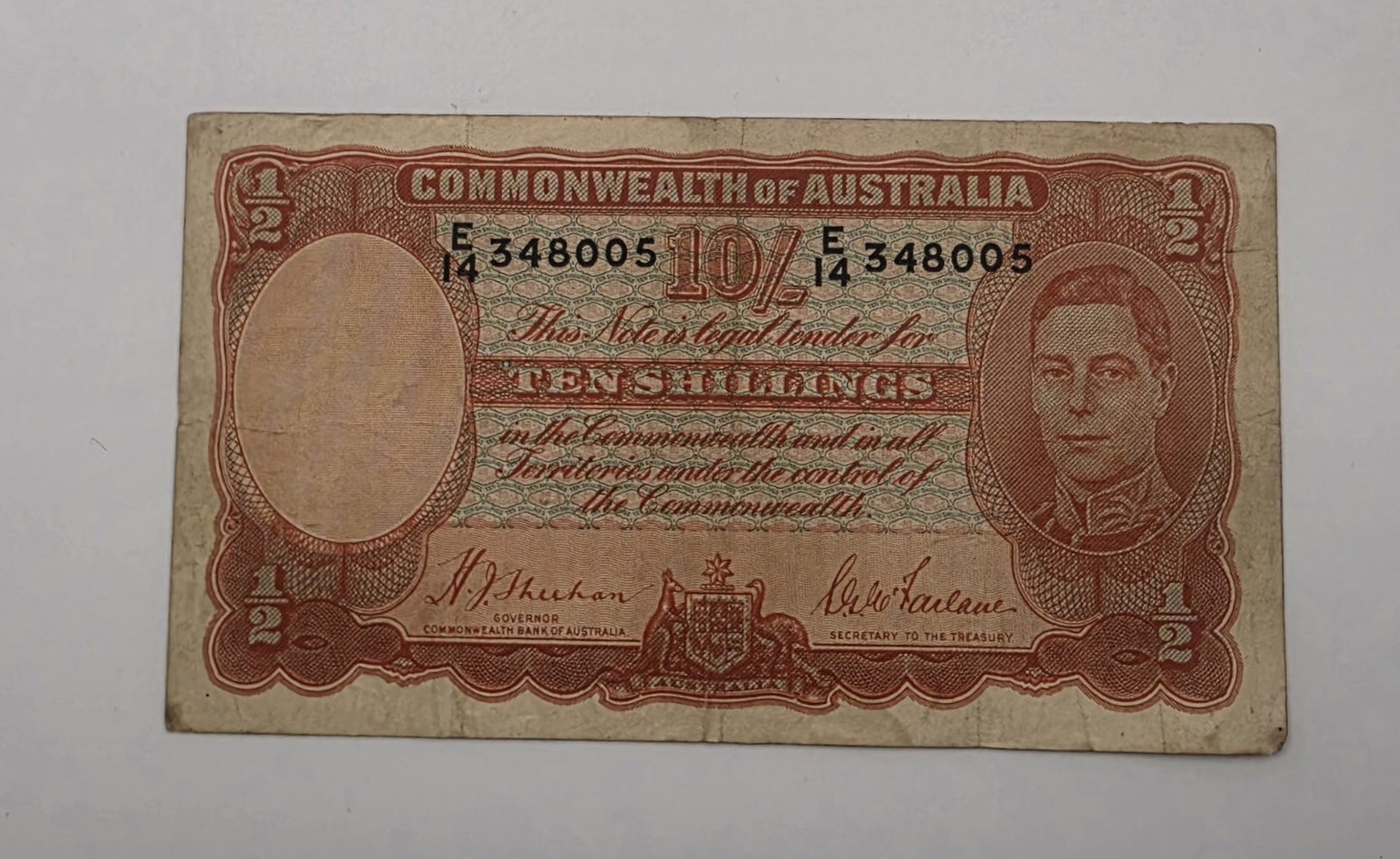 Vintage Australian King George VI Ten Shillings Paper Banknote Sheehan McFarlane