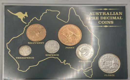 Australian Pre-Decimal Coin Souvenir Display Set - 6 Coins Halfpenny to Florin
