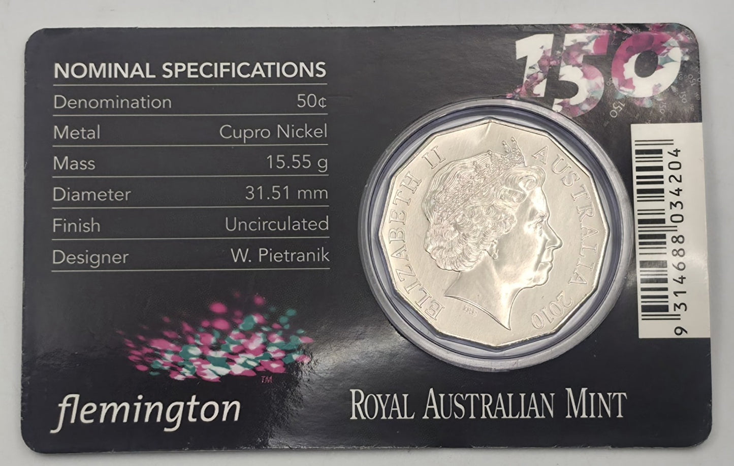 Australia 2010 Flemington 150th Anniversary 50c Uncirculated Coin RAM Card