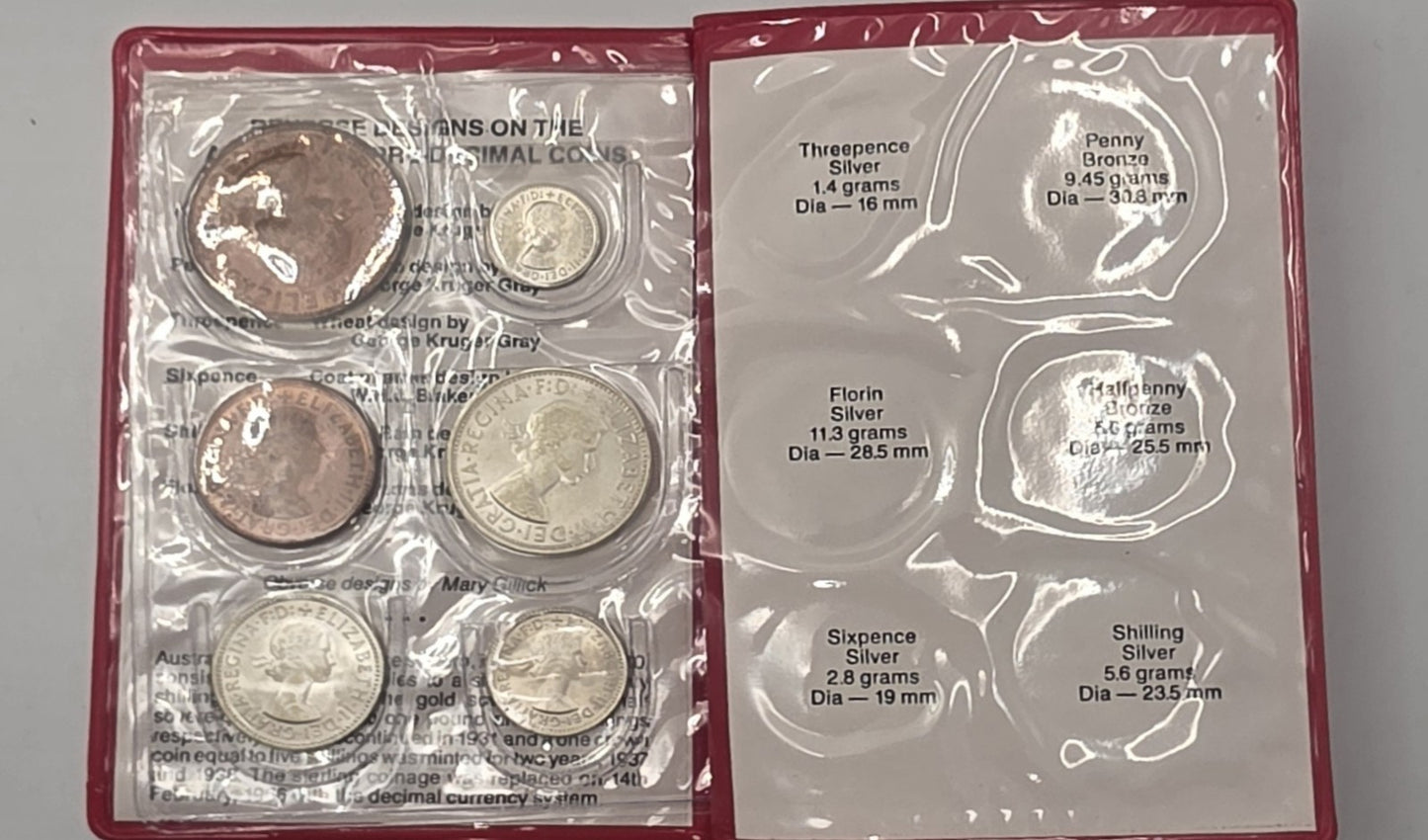 Australian Pre-Decimal Coins Commemorative Vintage 6-Coin Set in Red Wallet Port