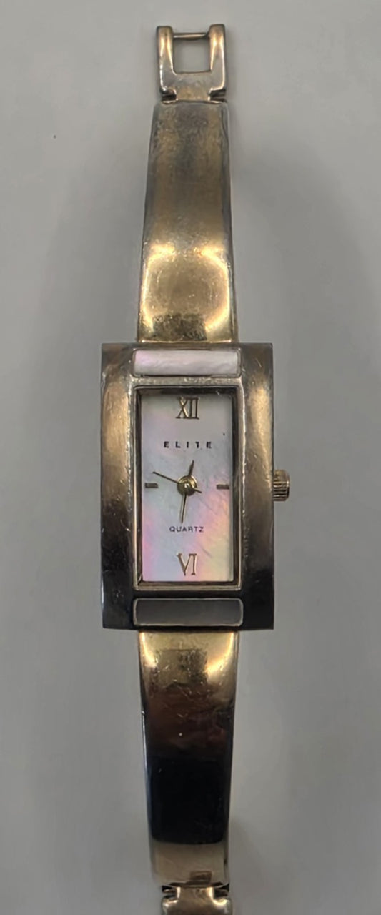 Elite Women's Gold-Tone Bangle Watch Mother of Pearl Dial Rectangle Case 1075585
