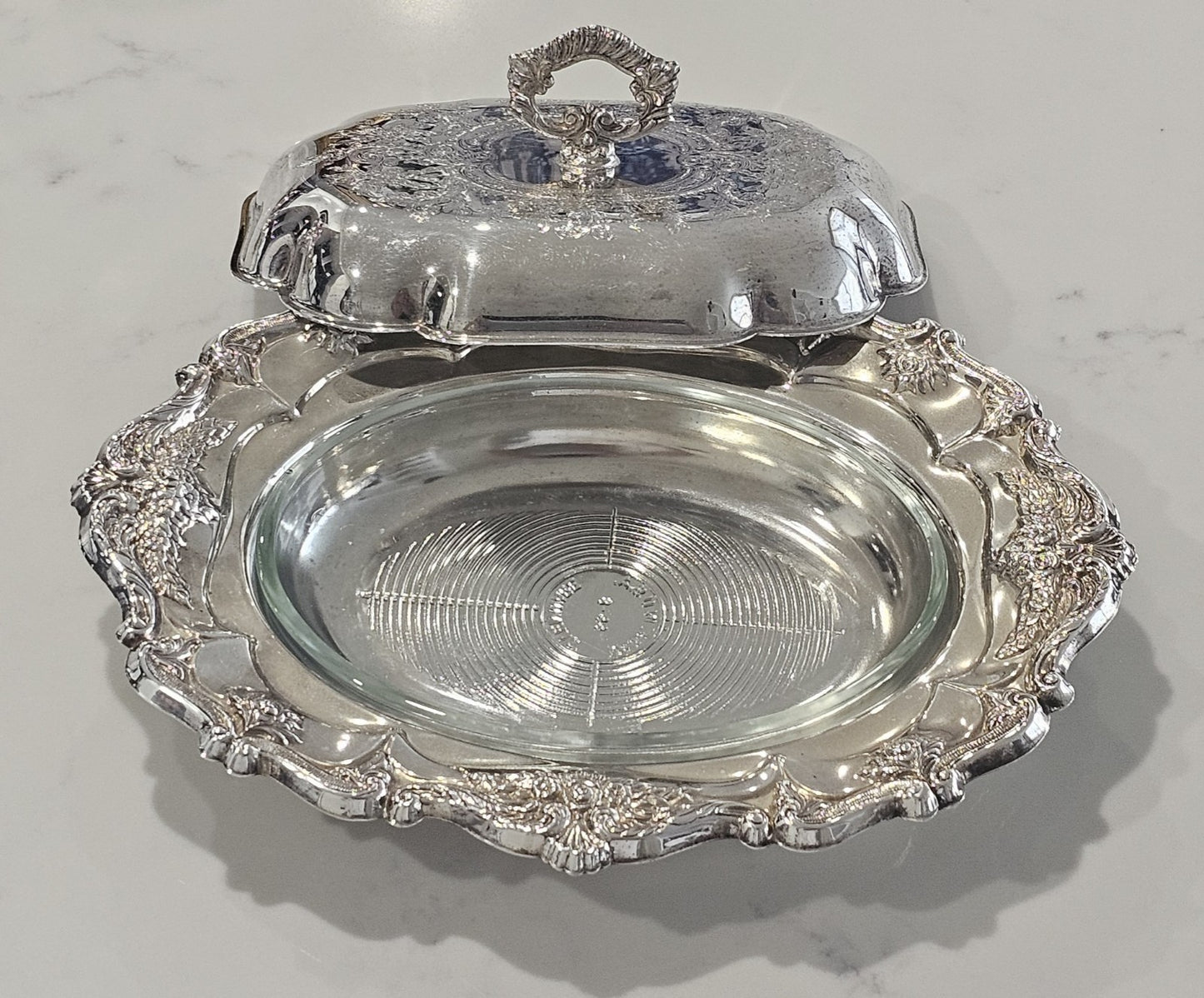 Vintage Silver Plated Chafing Dish Entree Server with Pyrex Glass Liner