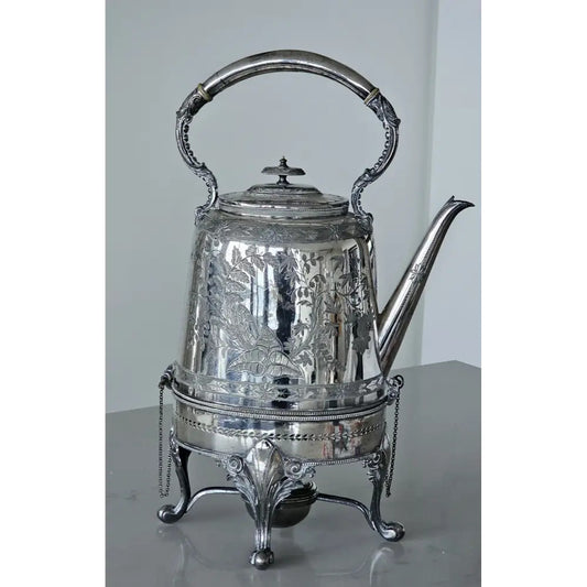 Antique Silver Plated Tea Kettle on Stand with Burner, Floral Design-43*27*23cm
