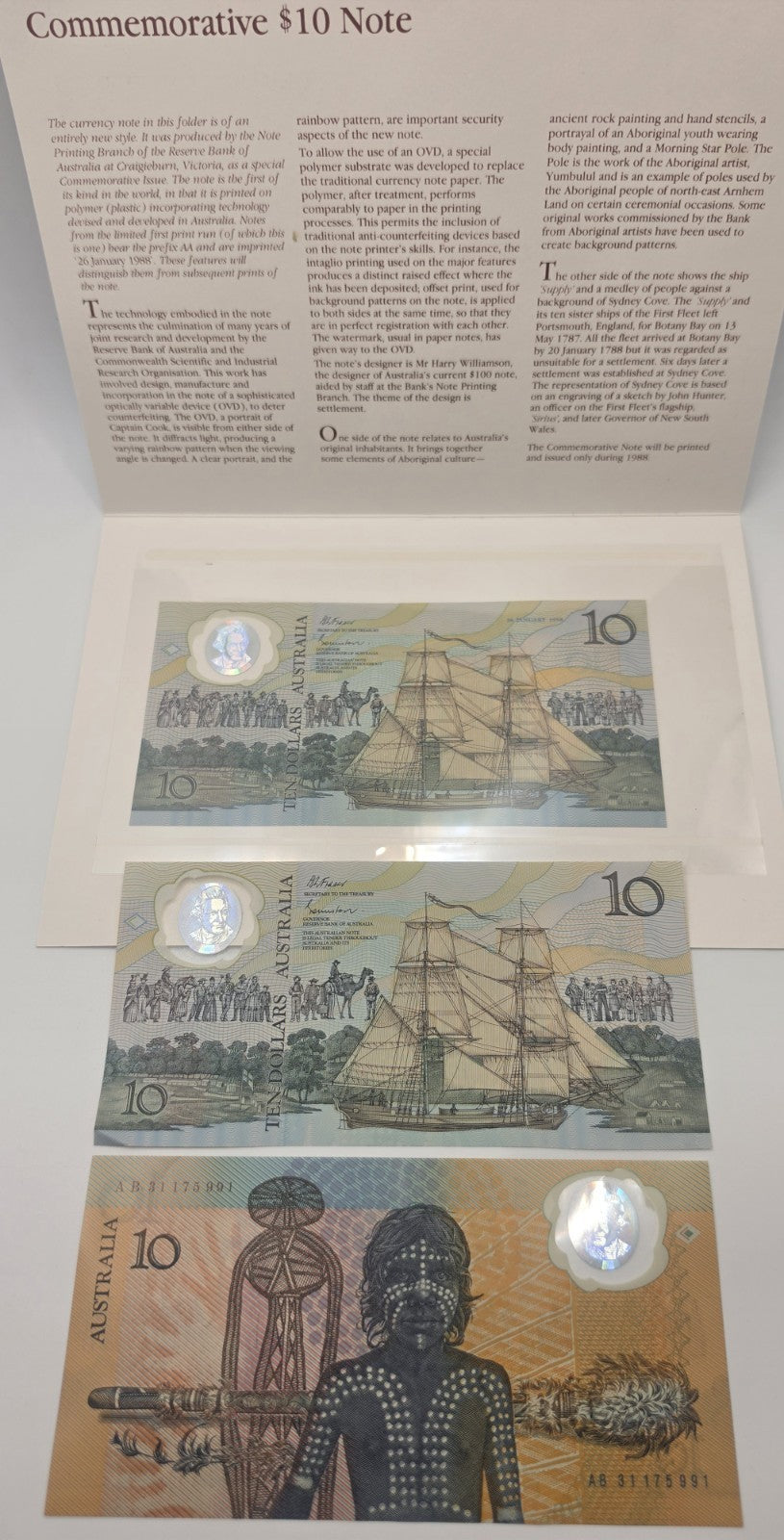 1988 Australia Bicentennial 3x $10 Polymer Note Folded Commemorative