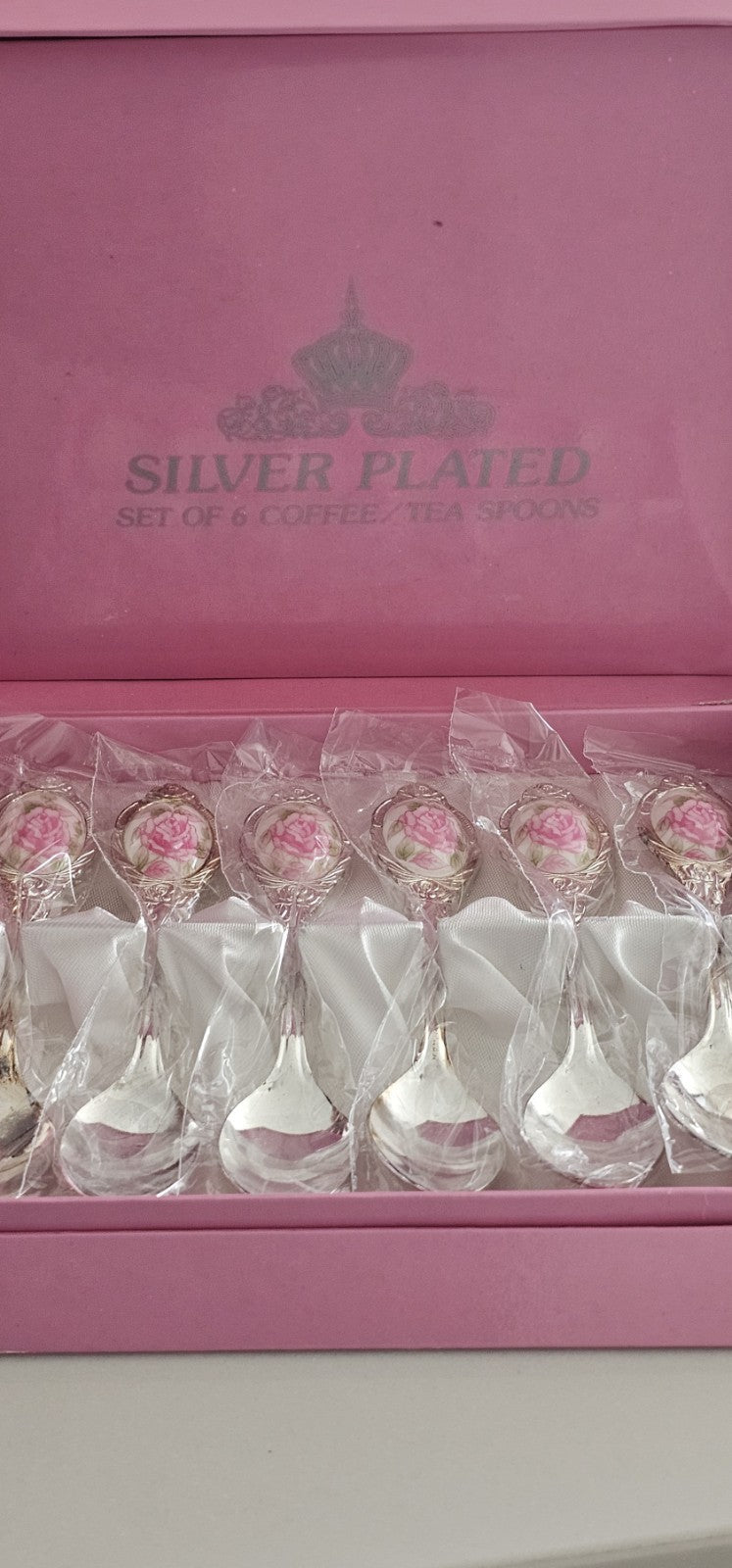 Set of 6 Vintage Silver Plated Coffee Tea Spoons Pink Rose Floral Inlay Boxed