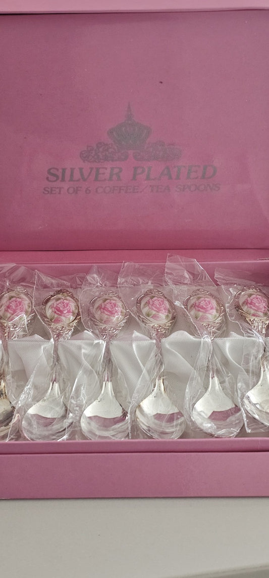 Set of 6 Vintage Silver Plated Coffee Tea Spoons Pink Rose Floral Inlay Boxed