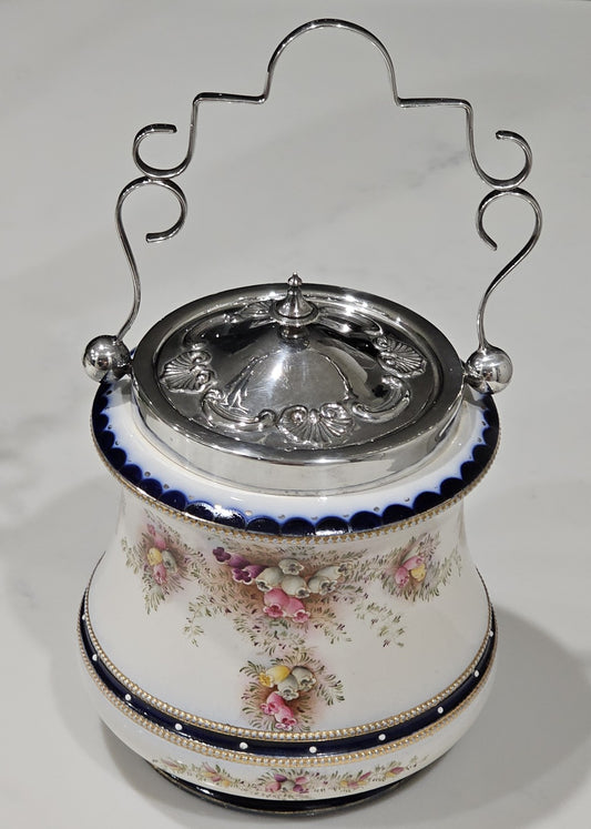Antique English Biscuit Barrel Jar - Villers & Co. Excella EPNS Silver Plate Lid