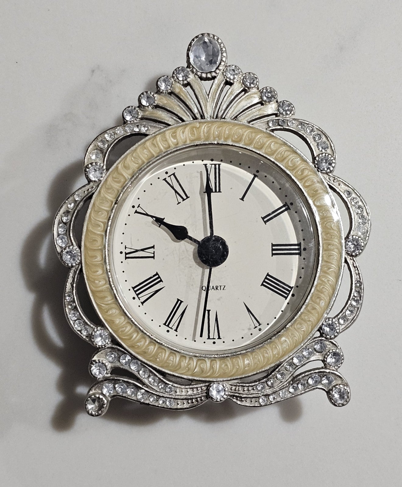 Ornate Silver Tone Rhinestone Desk Clock