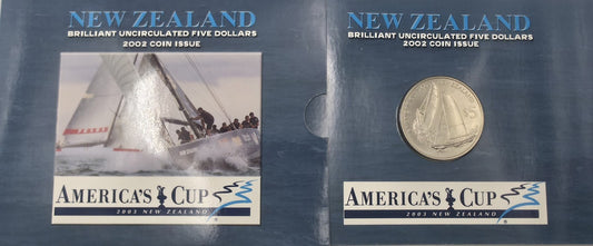 New Zealand 2002 America's Cup 2003 $5 Five Dollar BU Coin Presentation Pack
