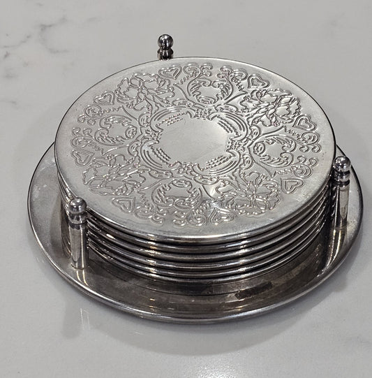 6pc Vintage Embossed Silver Plate Coaster Set & Round Holder Tableware Decor