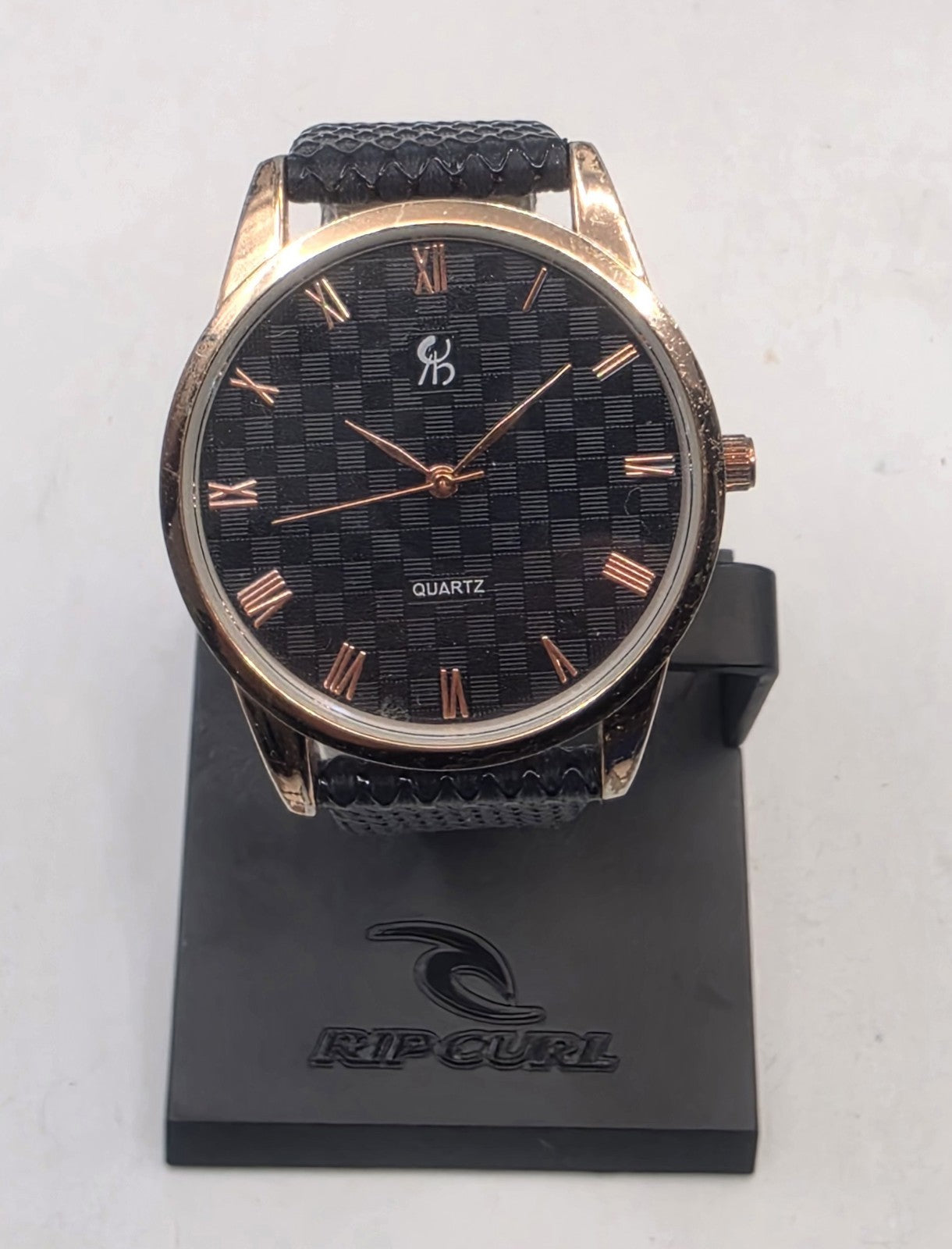 Rose Gold Tone Men’s Quartz Watch Black Patterned Dial Roman Numerals Leather Ba