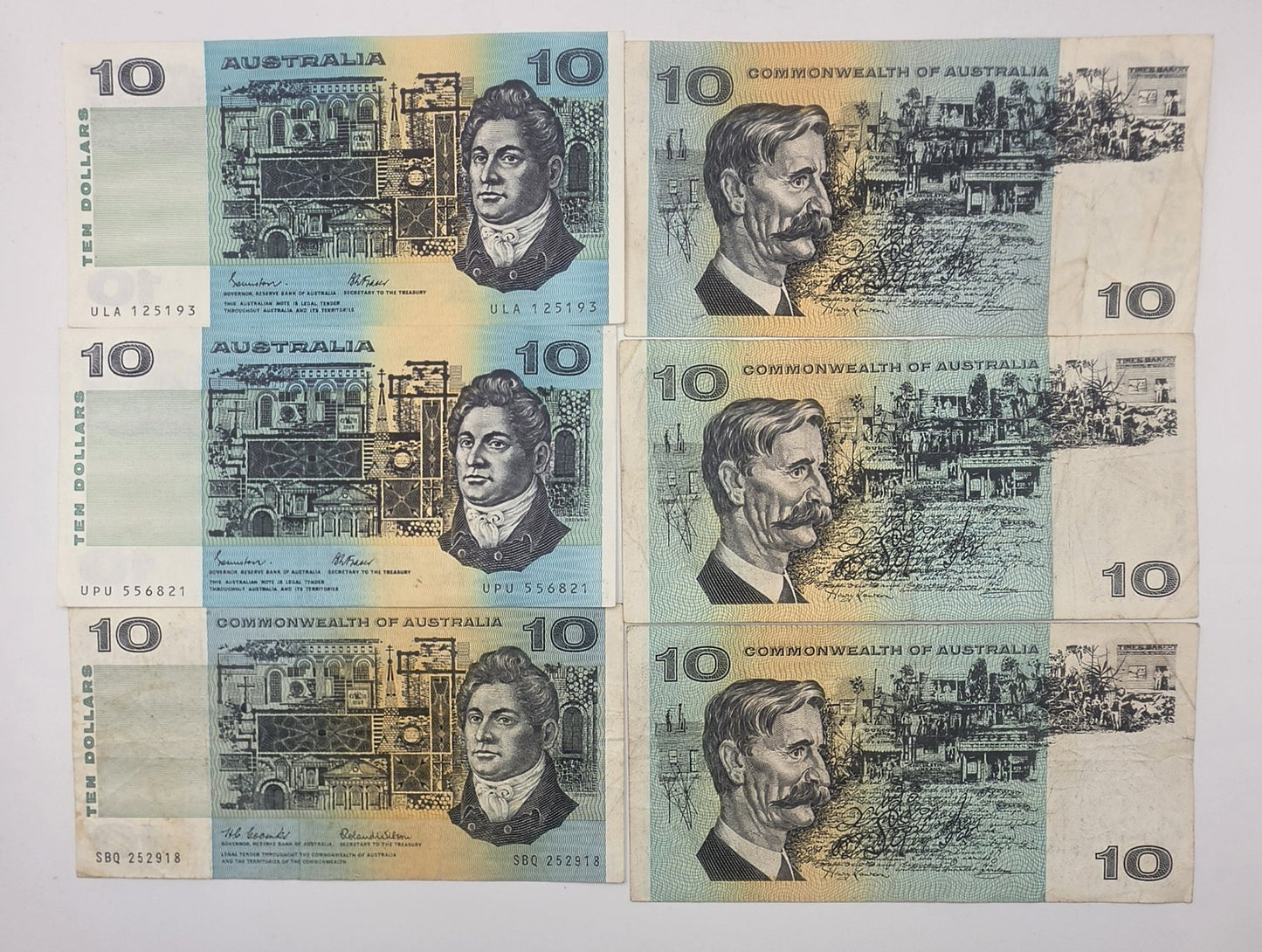 Vintage Australian $10 Paper Banknotes Johnston Fraser Coombs Wilson Lot of 6