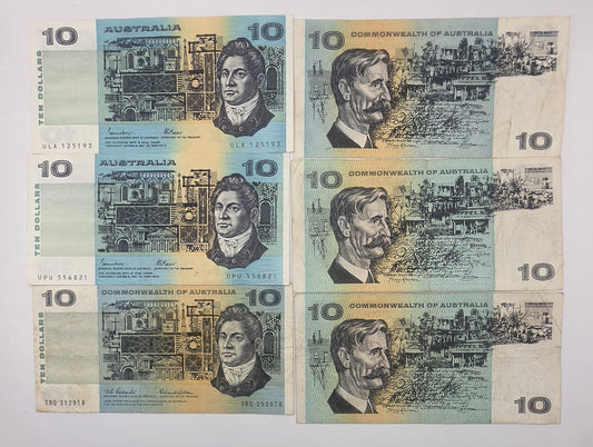 Vintage Australian $10 Paper Banknotes Johnston Fraser Coombs Wilson Lot of 6