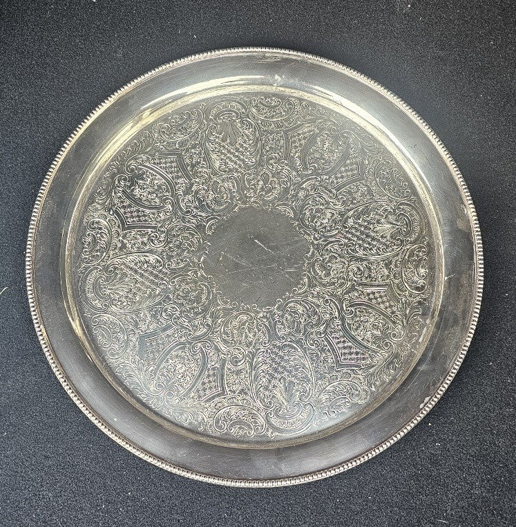 Vintage Silver Plated Ornate Engraved Round Serving Tray with Beaded Rim
