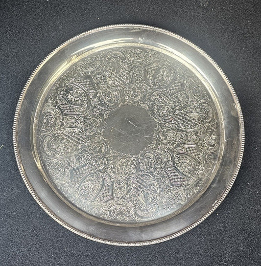Vintage Silver Plated Ornate Engraved Round Serving Tray with Beaded Rim