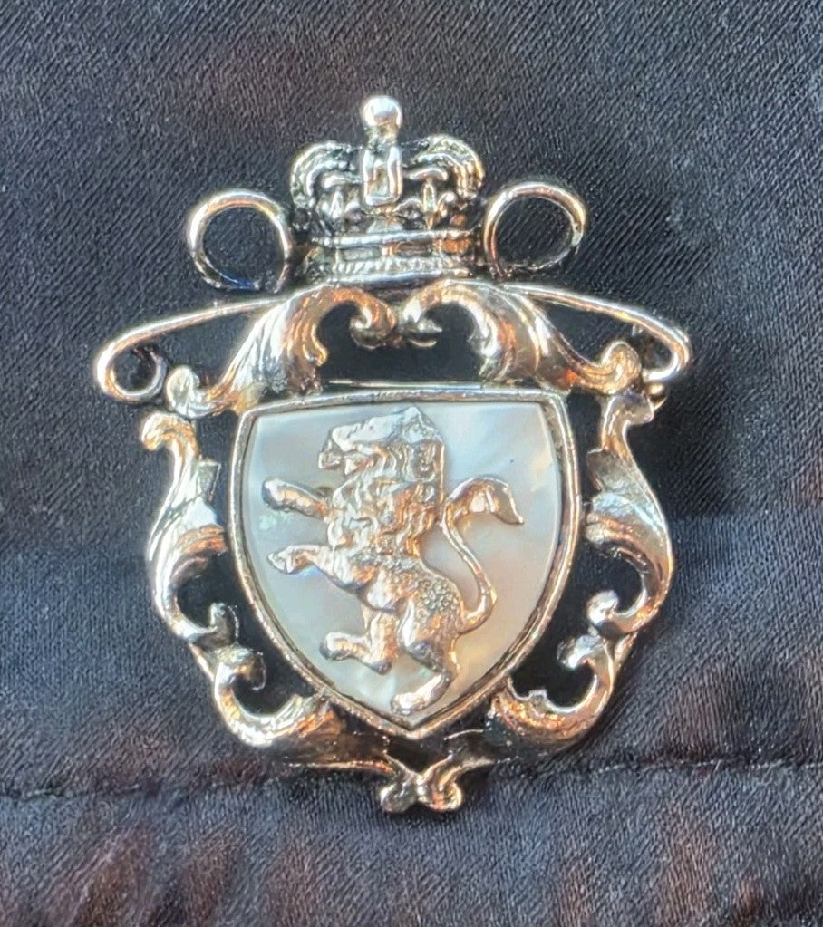 Vintage Heraldic Crest Brooch Crowned Shield Mother of Pearl Rampant Lion Pin