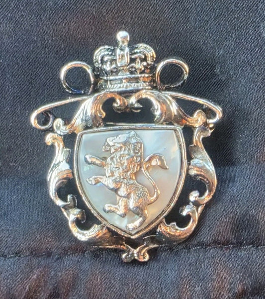 Vintage Heraldic Crest Brooch Crowned Shield Mother of Pearl Rampant Lion Pin