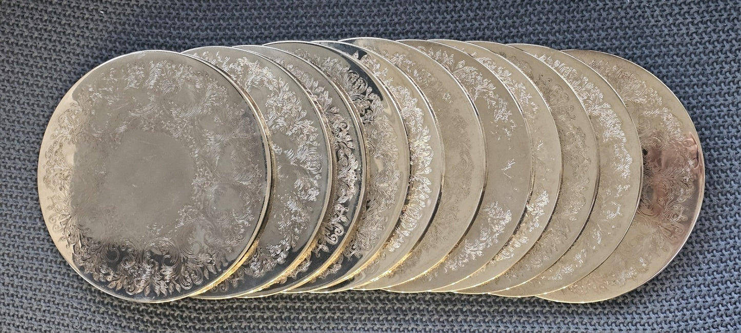 Set of 11 Vintage Silver Plated Coasters or Small Plates, Engraved Floral 20cm