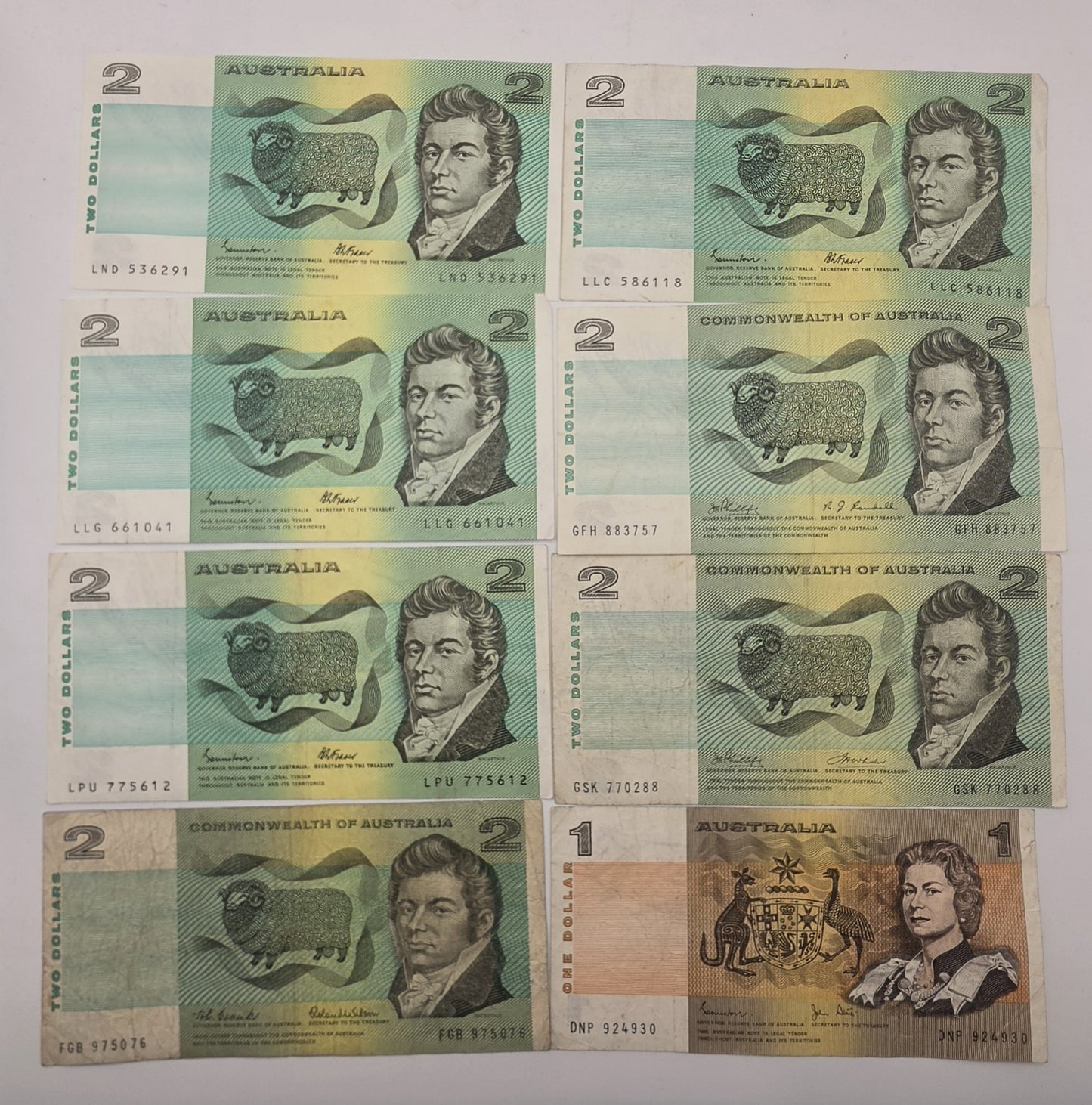 **Vintage Australian $2 and $1 Paper Banknotes Johnston Fraser Phillips Lot of 8