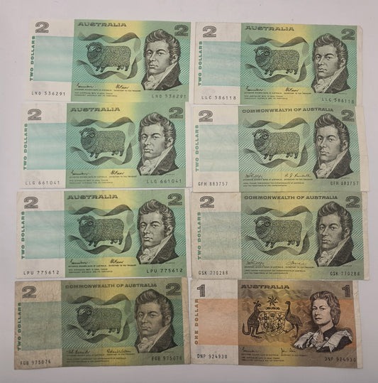 **Vintage Australian $2 and $1 Paper Banknotes Johnston Fraser Phillips Lot of 8