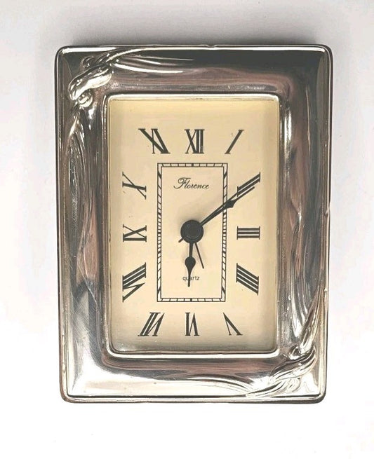 Vintage Germany Florenza Silver Plated Desk Clock Roman Numerals-working Condit