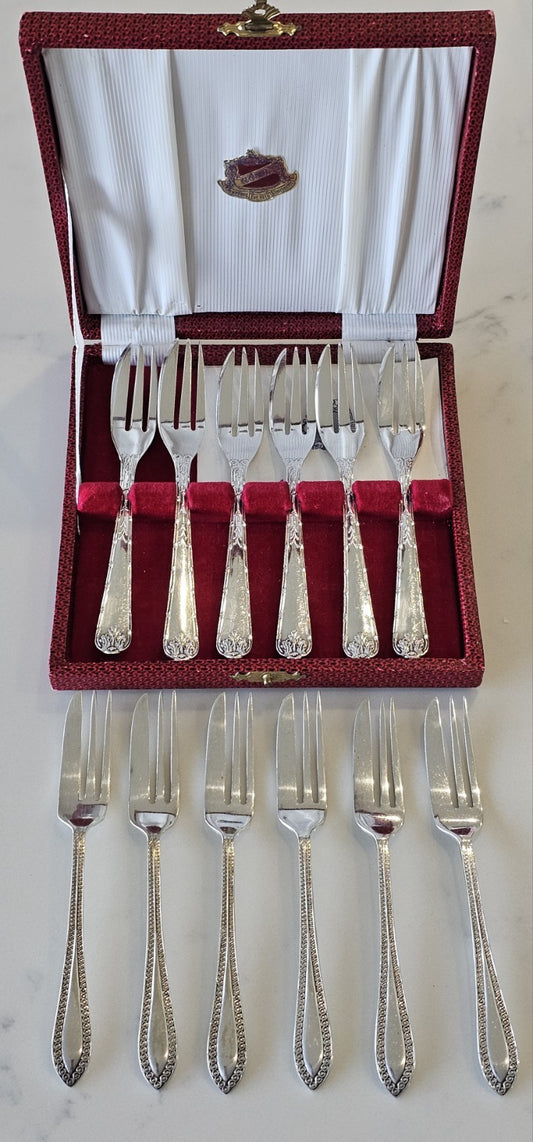 Vintage Rodd Australia Silver Plate Dessert Cake Fork Set of 12 Boxed EPNS A1