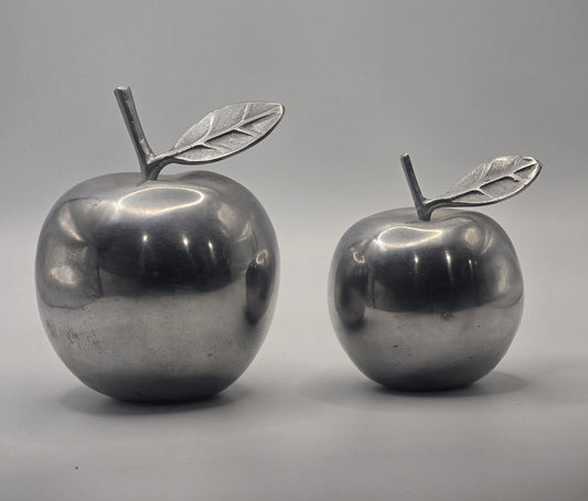 Vintage Silver-Tone Brushed Metal Apple Figurines - Set of 2 Decorative Ornament