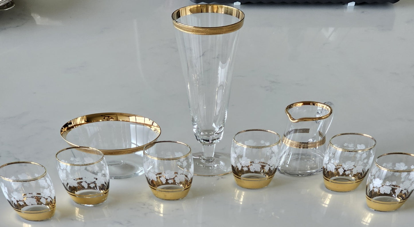 Vintage Glass Tea Cups and Saucers Set of 9 with Patterned Glassware
