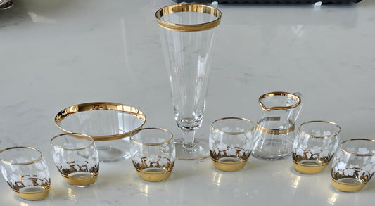 Vintage Glass Tea Cups and Saucers Set of 9 with Patterned Glassware