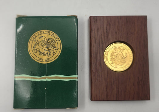 1996 Perth Mint Gold Plated Medallion Swan Est 1899 Wooden Box Gift