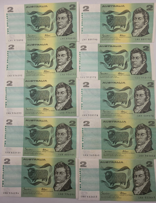 **Vintage Australian $2 Paper Banknotes Johnston Fraser Phillips Lot of 10