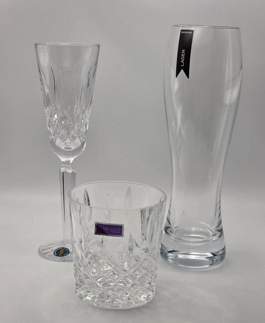 Waterford Crystal Marquis Glassware Set - Champagne Flute, Tumbler, Lager Glass