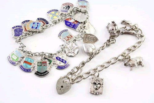Mixed Grade Silver Charm Bracelets Heart Padlock Souvenir Safety Chain x 2 (49g)