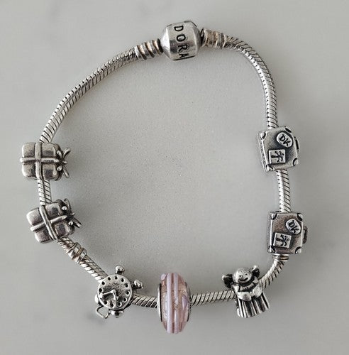 Authentic Pandora Clasp Bracelet & 7x Charms Safety Chain