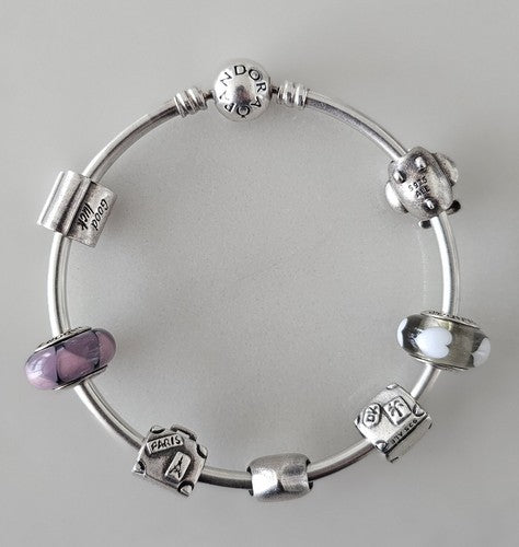 Pandora Authentic Clasp Bracelet with 7x Charms and Safety Chain