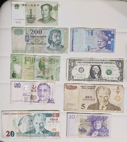 International Currency Notes Bundle - USD, English Pound, and More
