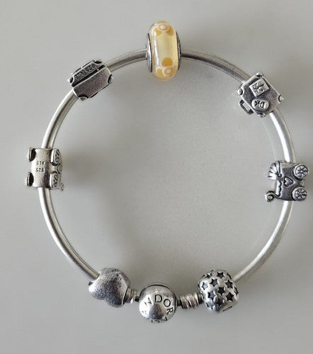 Pandora Authentic Clasp Bracelet with 7x Charms and Safety Chain- 19cm