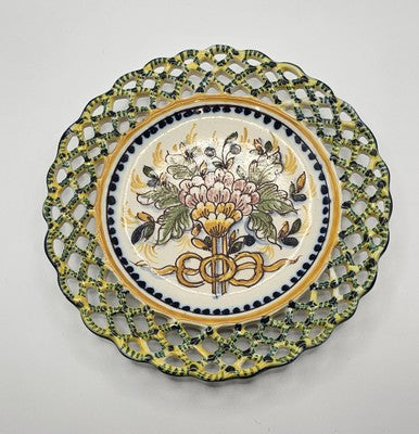 Vintage Floral Reticulated Decorative Plate Made In Portugal Hand Painted