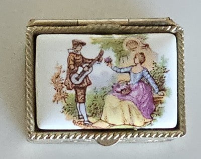 Vintage Fragonard Limoges Style Porcelain Pill Box Courting Couple Gold Tone