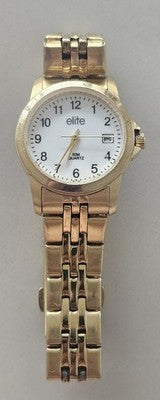 Elite Ladies Gold Tone Quartz Watch 50M Water Resistant Date Window White Dial
