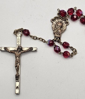 Red Beaded Rosary with Crucifix and Marian Medal, Italy Make