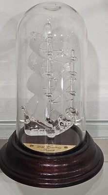 Vintage Hand Blown Glass 18th Century Frigate Sailing Ship in Glass Display Dome