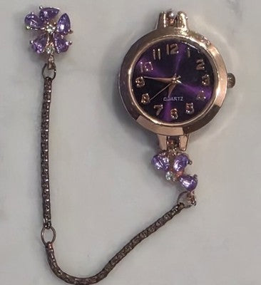 Vintage Purple Dial Floral Lapel Watch Rose Gold Tone Quartz Brooch Watch