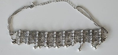 Boho Oxidised Silver Tone Choker Necklace, Ethnic Tribal Style with Clear Crysta