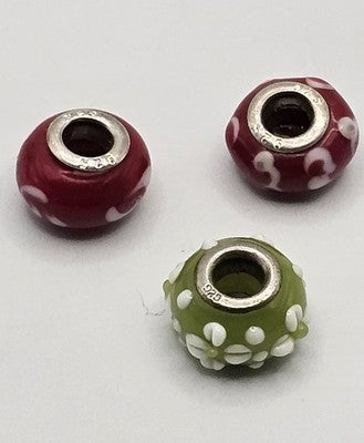 925 Sterling Silver and Murano Glass Dotted Beads - Lot of 3