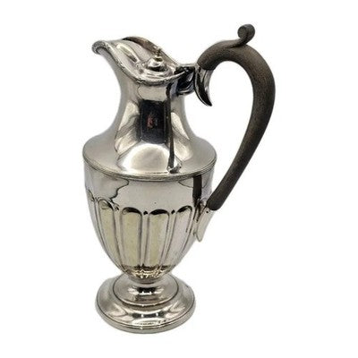 Antique Hand Etched Floral Water Jug Pitcher Silver Plat Wood Handle