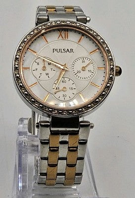 Women's Pulsar Multi-Function Watch Two Tone Rose Gold Pave Bezel White Dial
