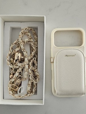 Hanman iPhone 17 Pro Max Case Wallet Pouch Cream Vegan Leather Removable Chain